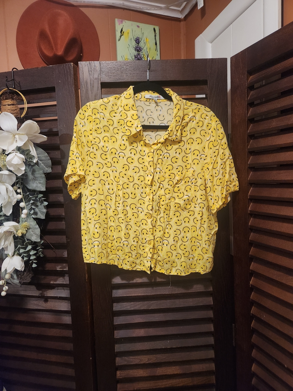 Miss Selfridge Yellow Smiley Print Cropped Button-Up Top